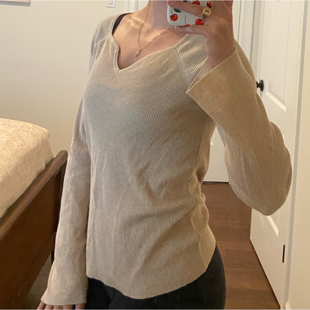 Beige V-Neck Ribbed Sweater